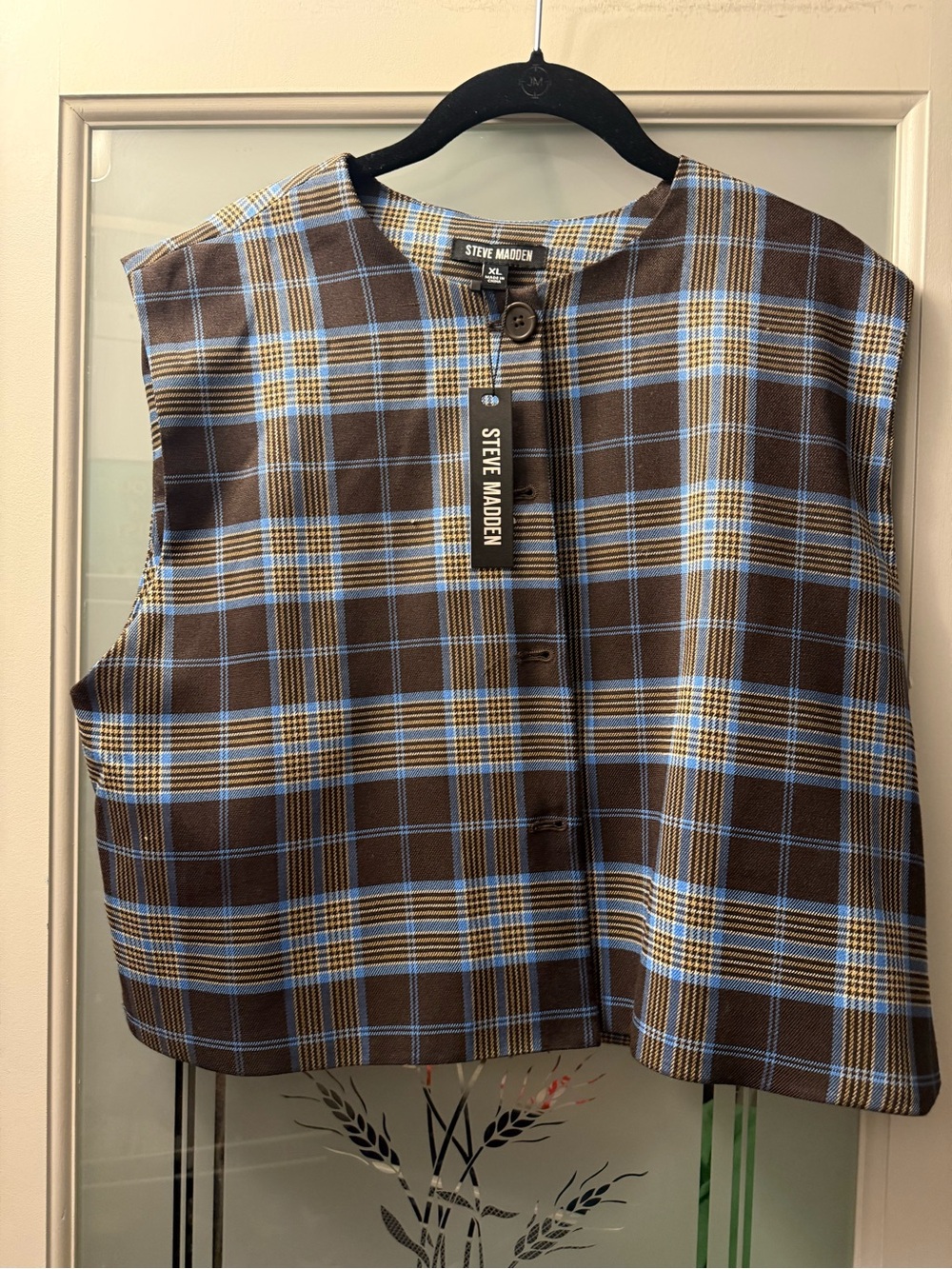 Steve Madden Plaid Sleeveless Vest in Brown and Light Blue